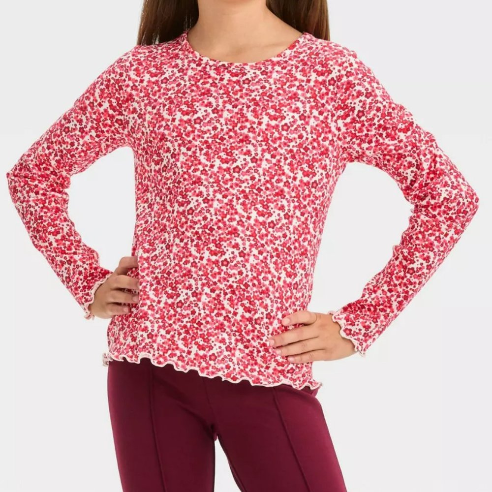 Long Sleeve Ribbed T-Shirt Top Cat & Jack Pink Red Floral Print Girls L 10 / 12